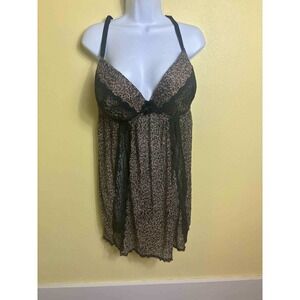 Olga Flirty 2X Leopard Print Lace Trim Babydoll Lingerie Adjustable Straps
